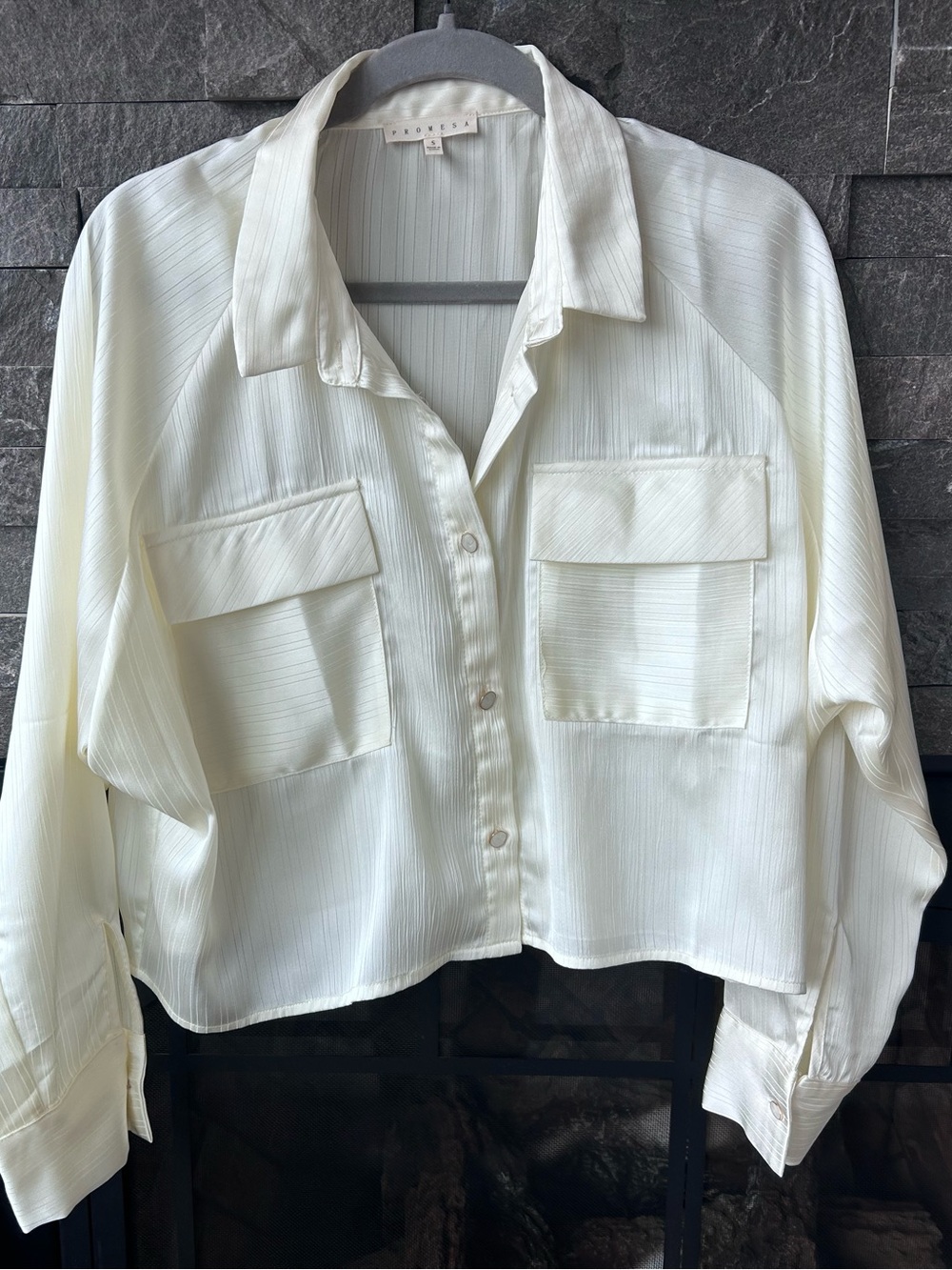 Promesa Cream Striped Satin Button-Up Top